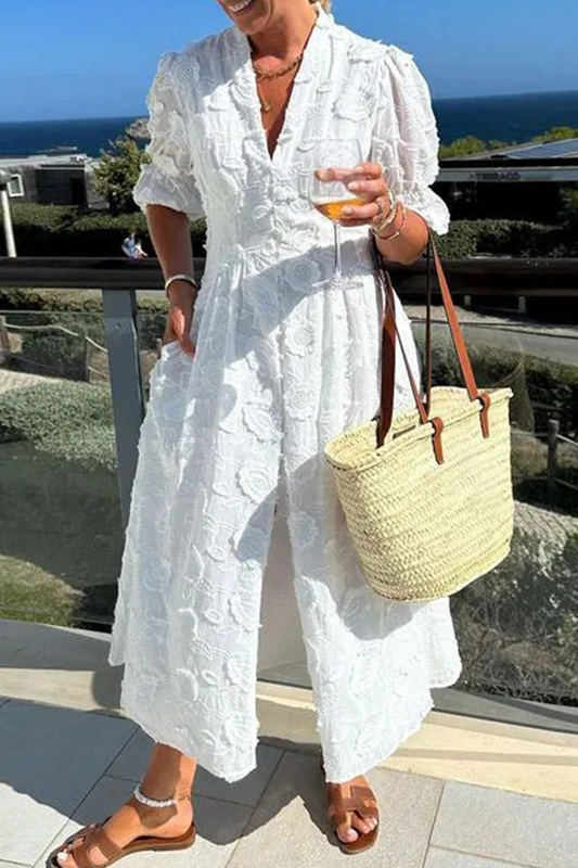 Casual Vacation Jacquard Buckle V Neck A Line Dresses