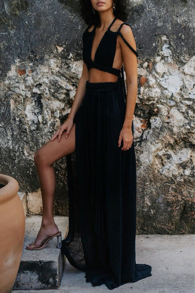 Sexy Vacation Backless Slit Strap Design V Neck Sleeveless Two Pieces(Adjustable rope)