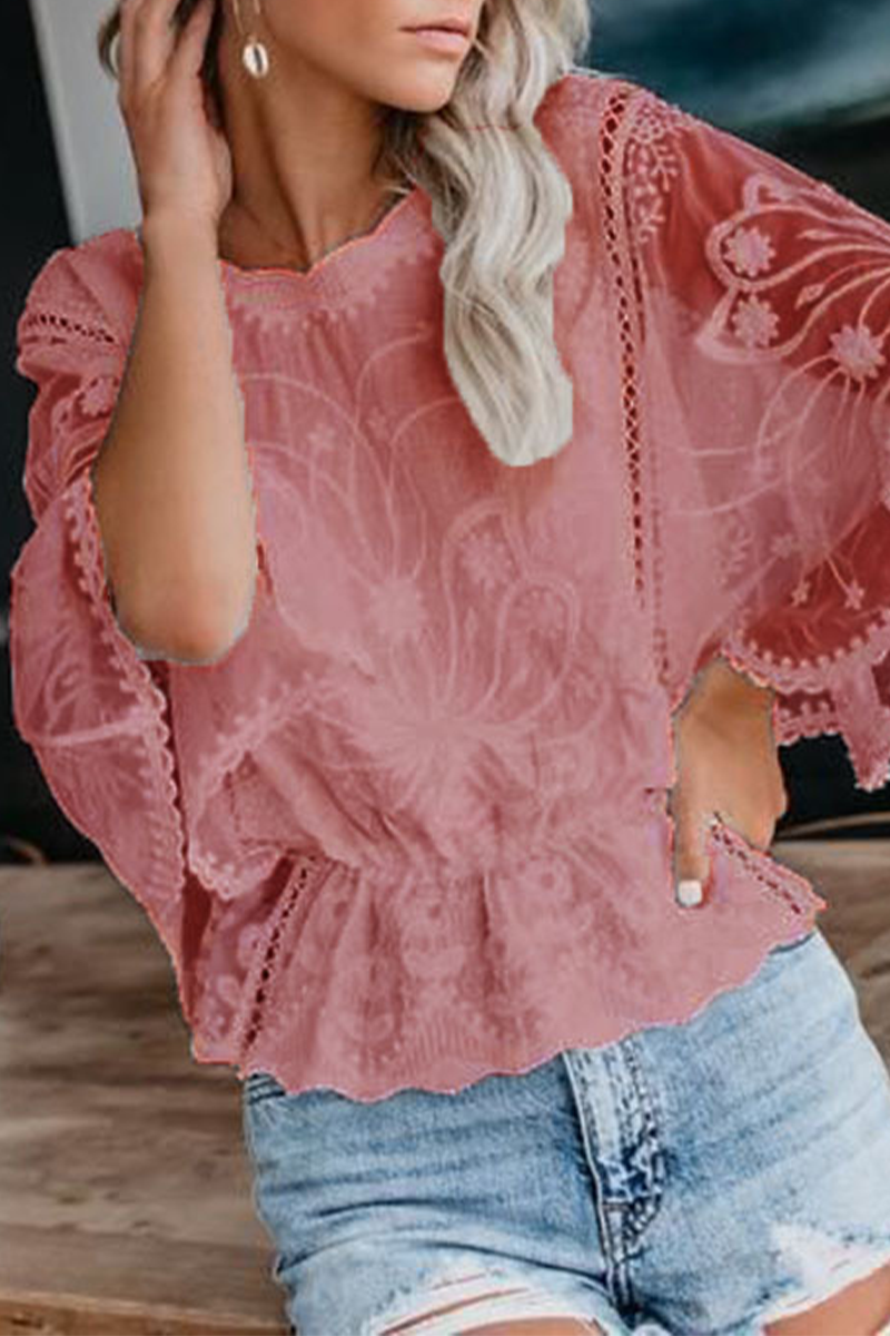 Casual Solid Color Lace O Neck Tops