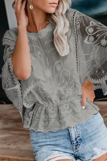 Casual Solid Color Lace O Neck Tops