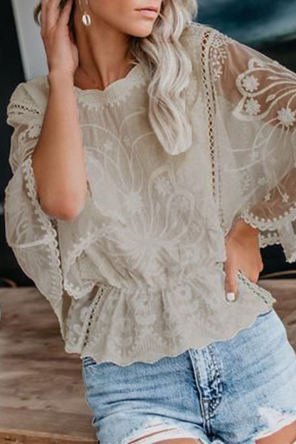 Casual Solid Color Lace O Neck Tops