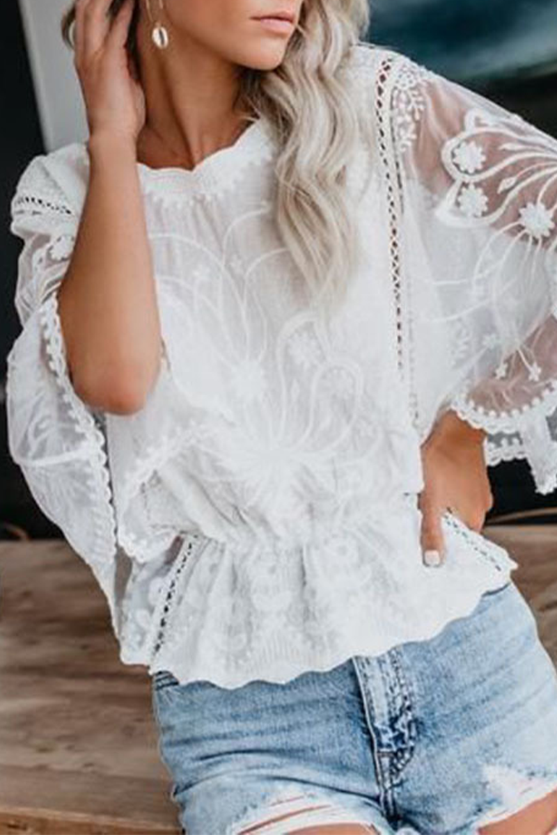 Casual Solid Color Lace O Neck Tops