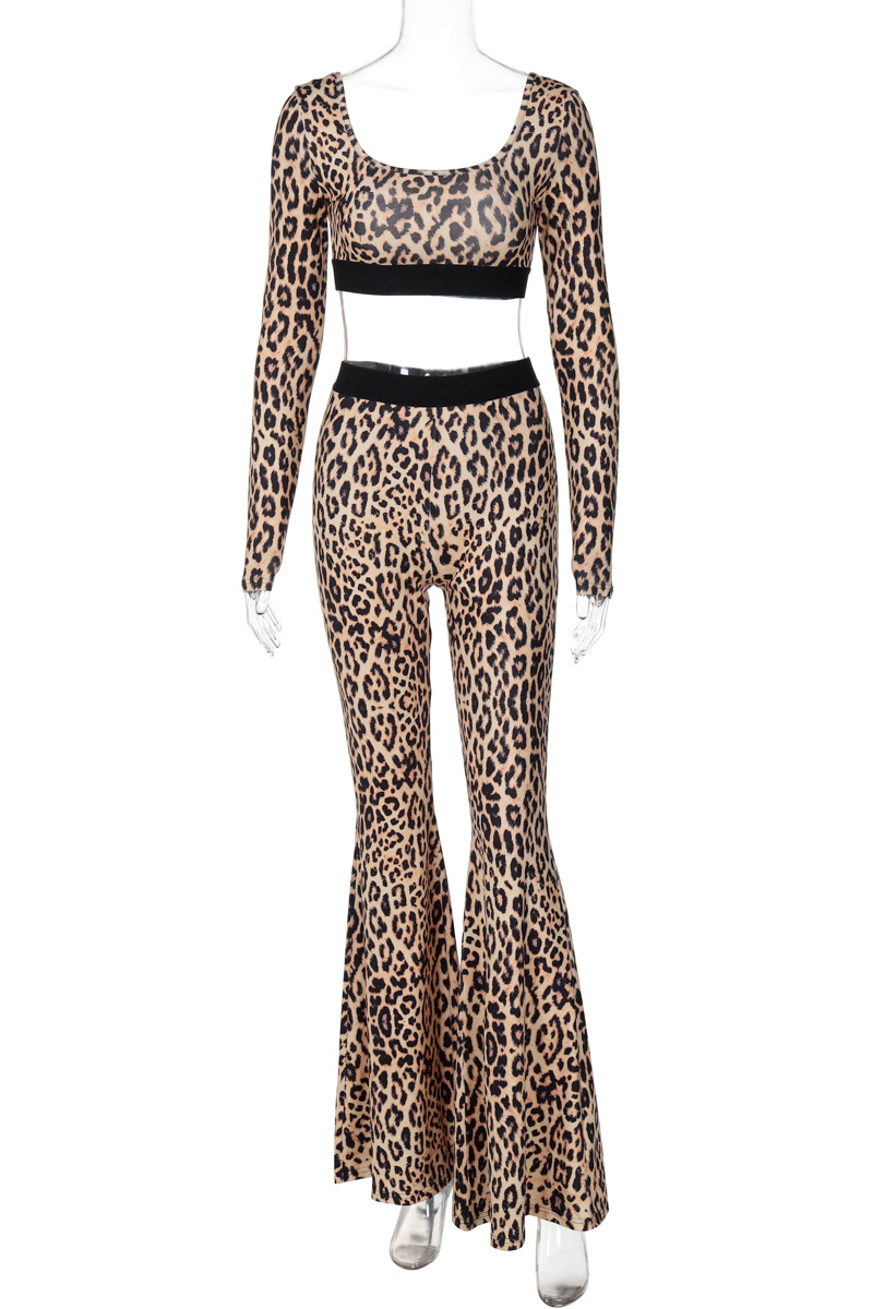 Sexy Street Leopard Patchwork U Neck Long Sleeve Two Pieces