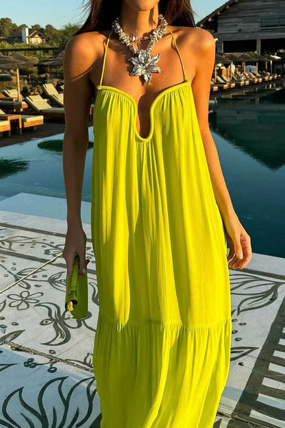 Robe de vacances sexy à dos nu et col en V avec patchwork de couleur unie