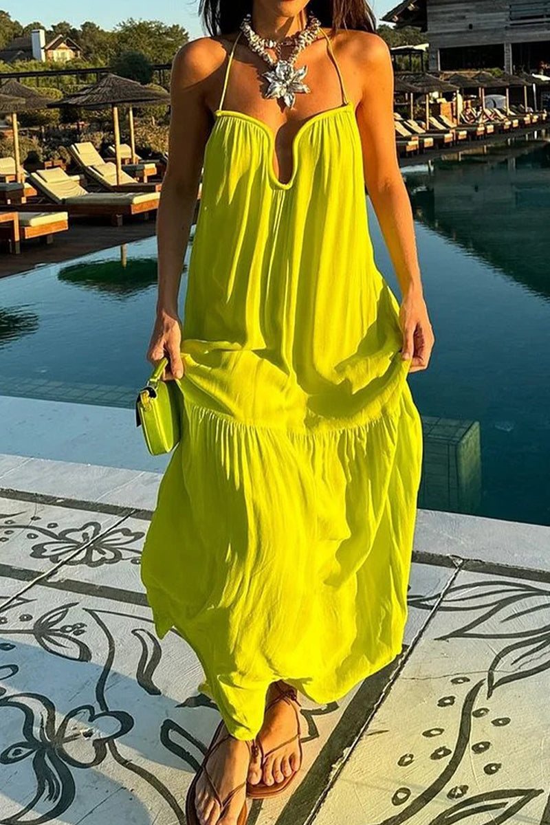 Robe de vacances sexy à dos nu et col en V avec patchwork de couleur unie