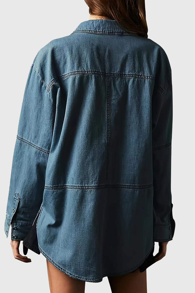 Lässige, einfarbige, abgenutzte Umlegekragen-Jeansjacke mit langen Ärmeln und Tasche