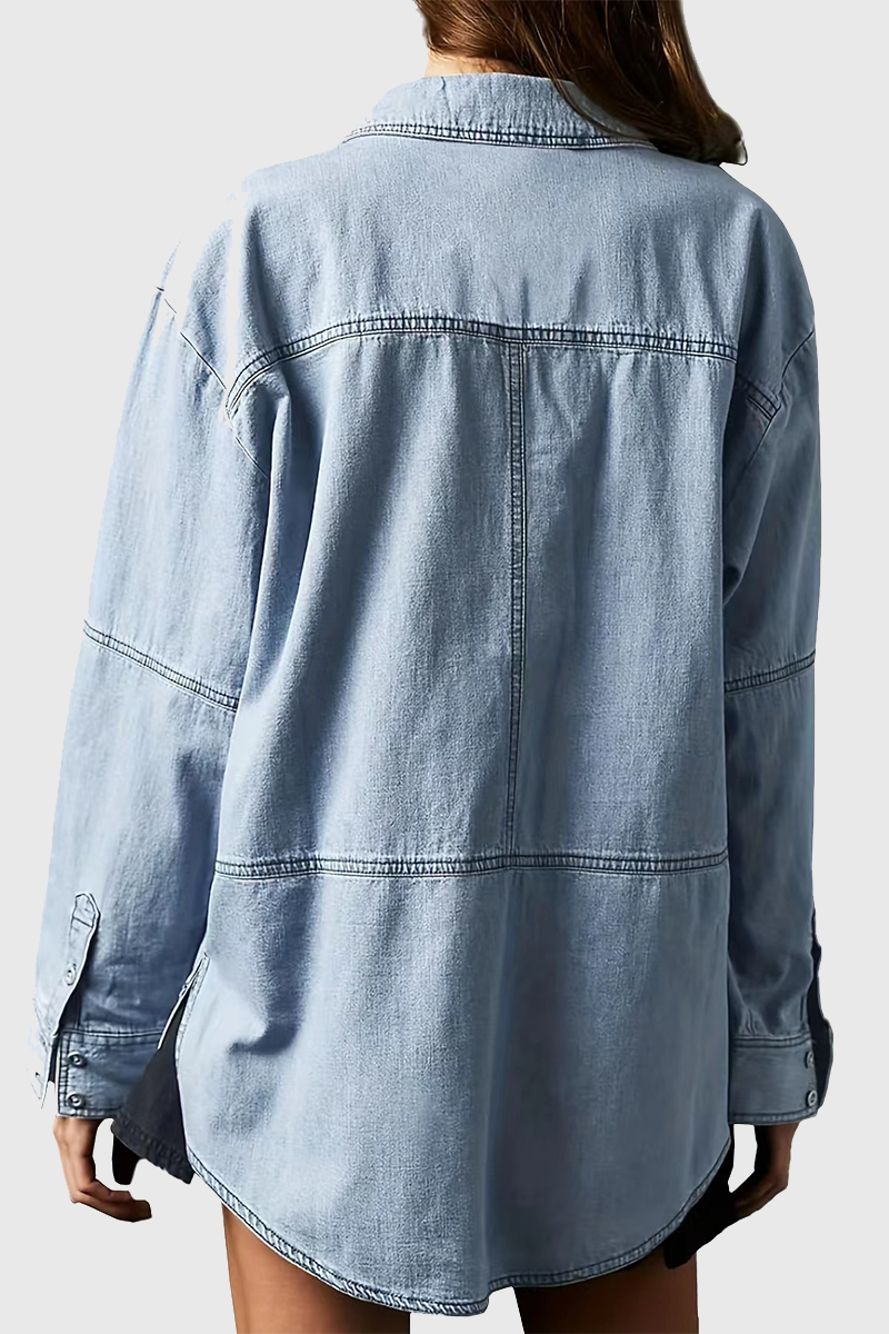 Lässige, einfarbige, abgenutzte Umlegekragen-Jeansjacke mit langen Ärmeln und Tasche