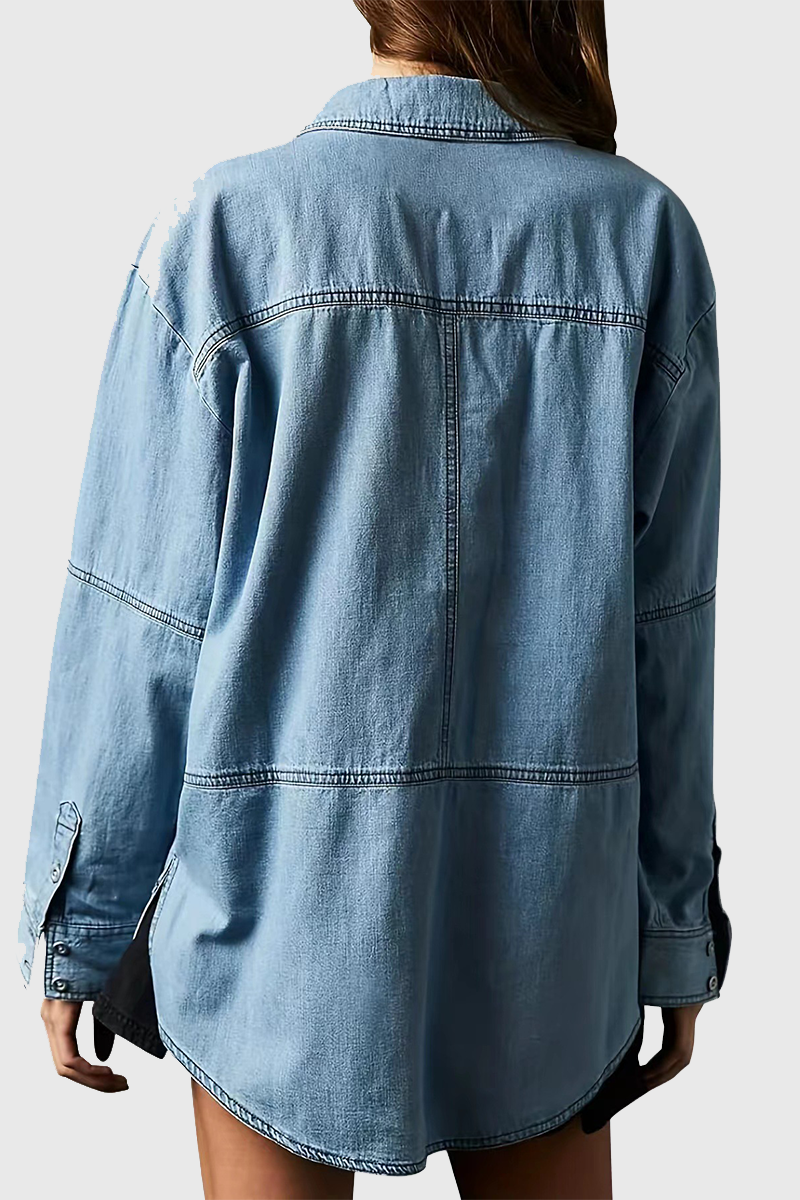 Lässige, einfarbige, abgenutzte Umlegekragen-Jeansjacke mit langen Ärmeln und Tasche