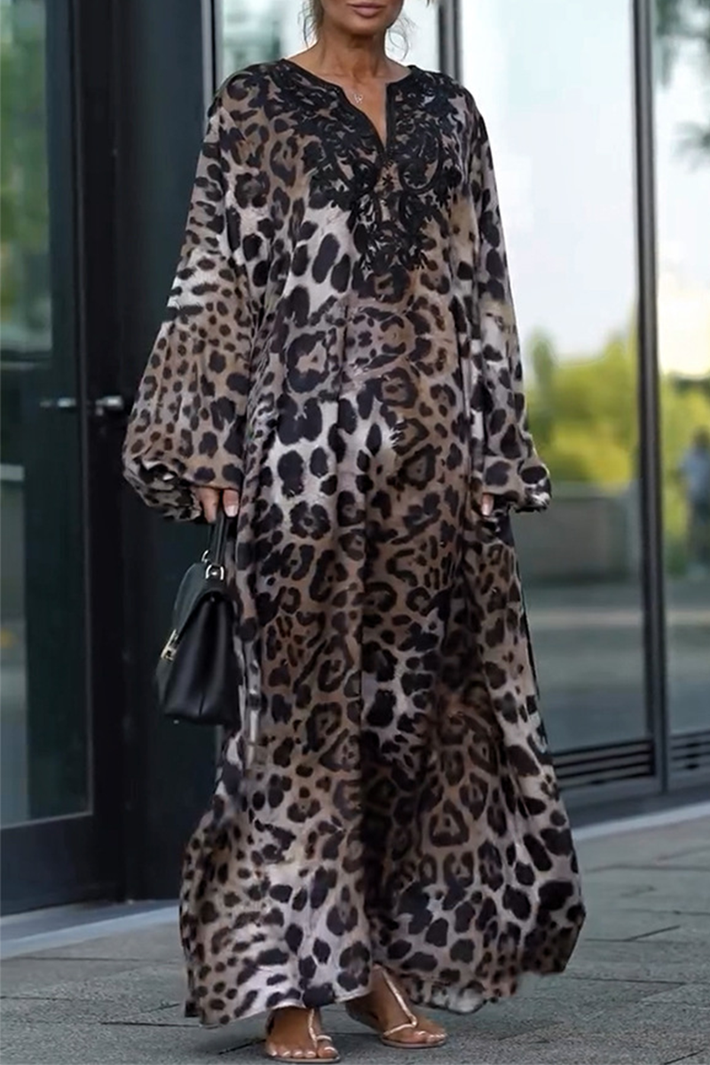 Casual Street Leopard Patchwork V Neck Long Dresses