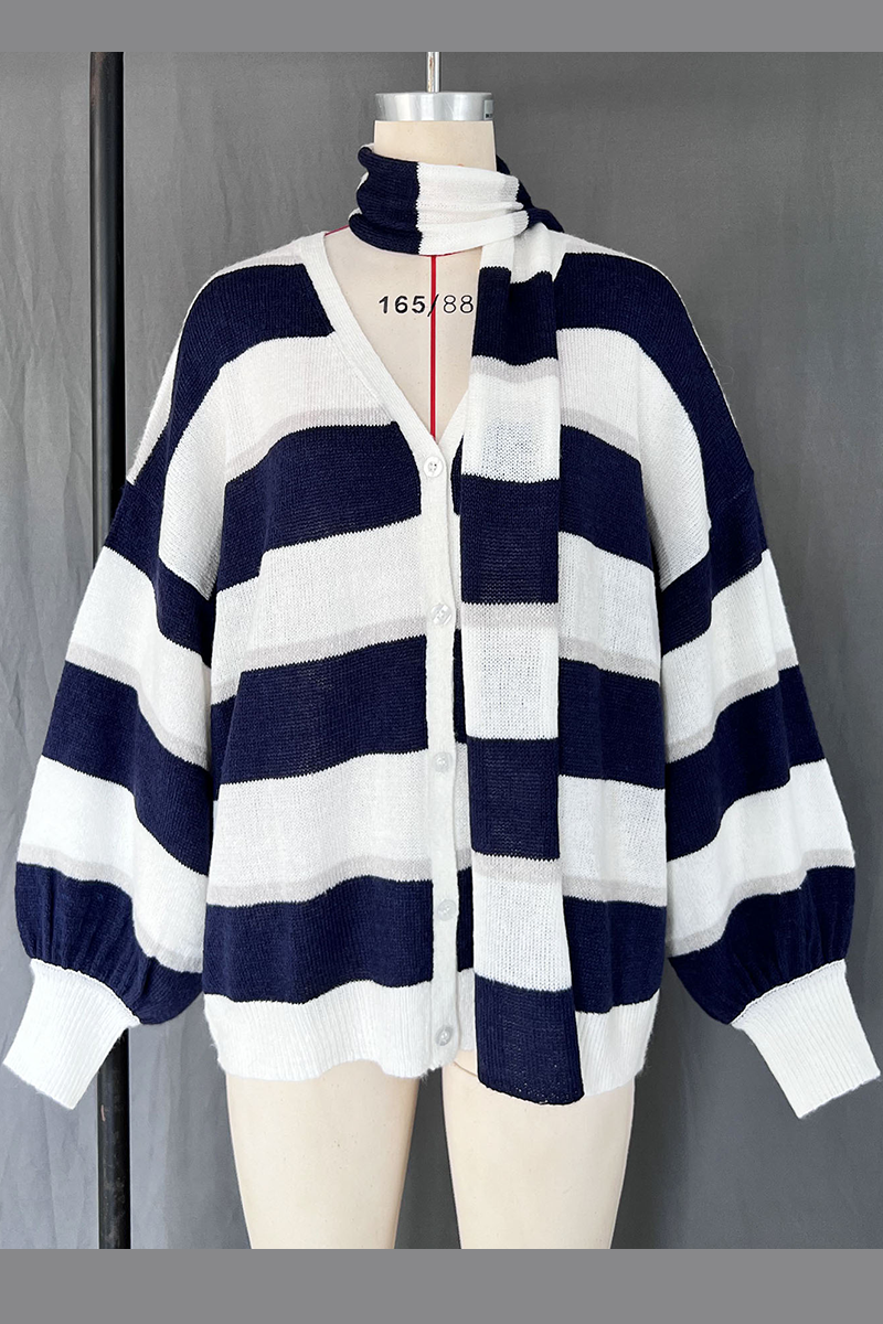 Casual Stripe Buttons Weave Contrast V Neck Cardigans(4 Colors)