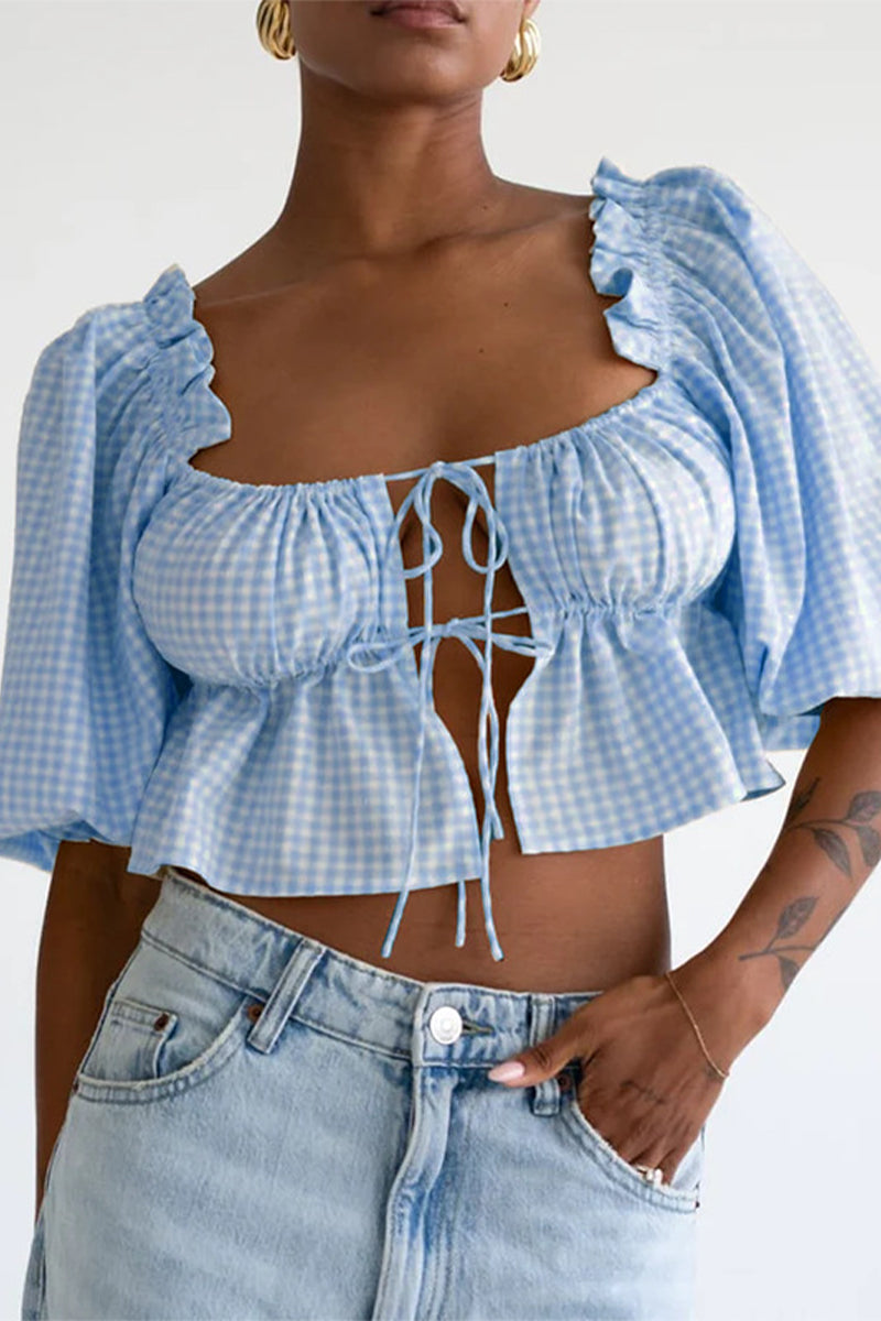 Sexy Daily Plaid Lace Up Patchwork Tops