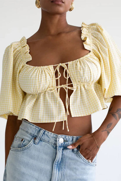 Sexy Daily Plaid Lace Up Patchwork Tops