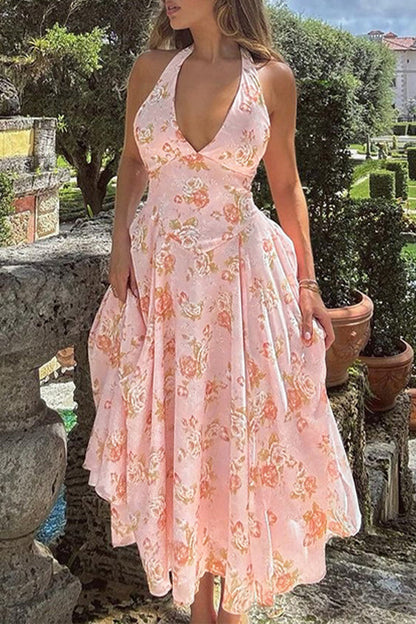 Robe de vacances sexy à fleurs dos nu et sans manches