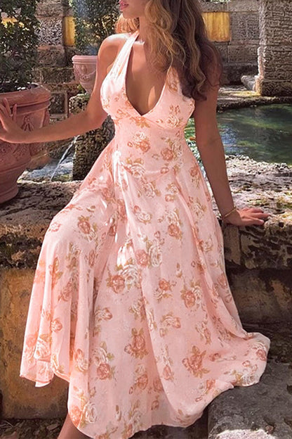 Robe de vacances sexy à fleurs dos nu et sans manches