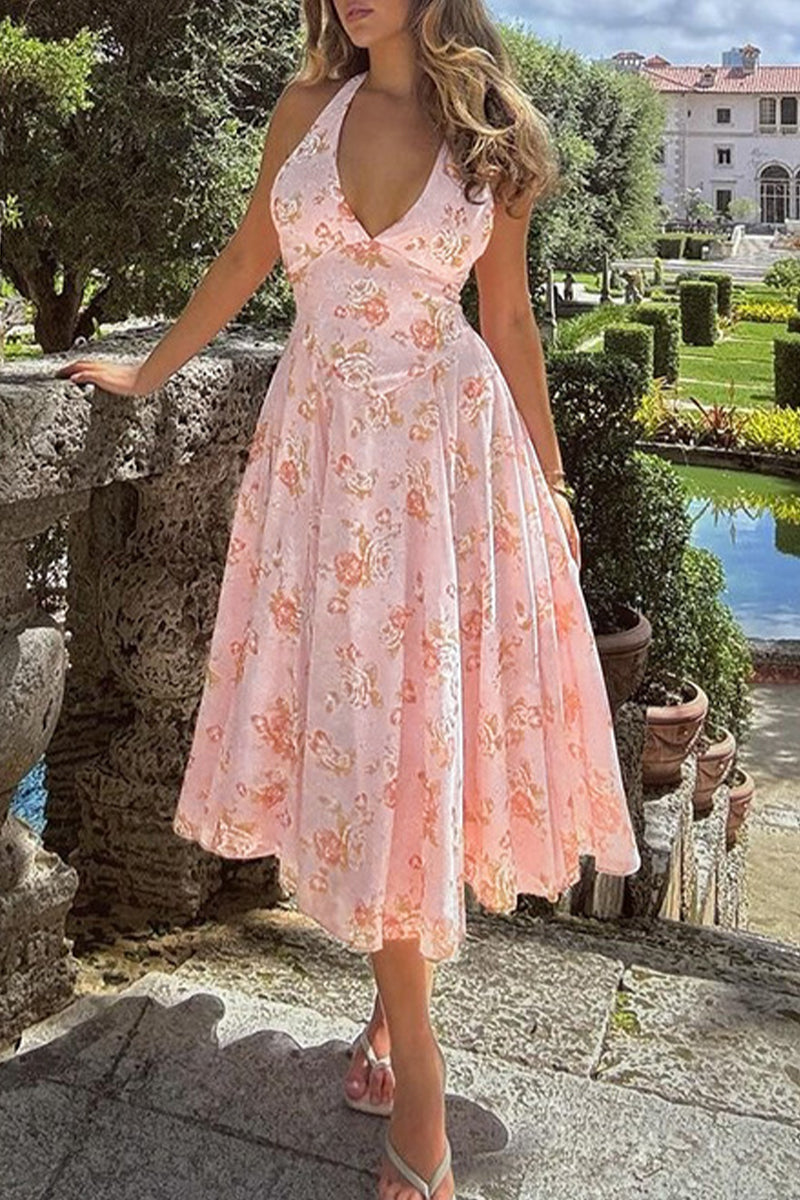 Robe de vacances sexy à fleurs dos nu et sans manches