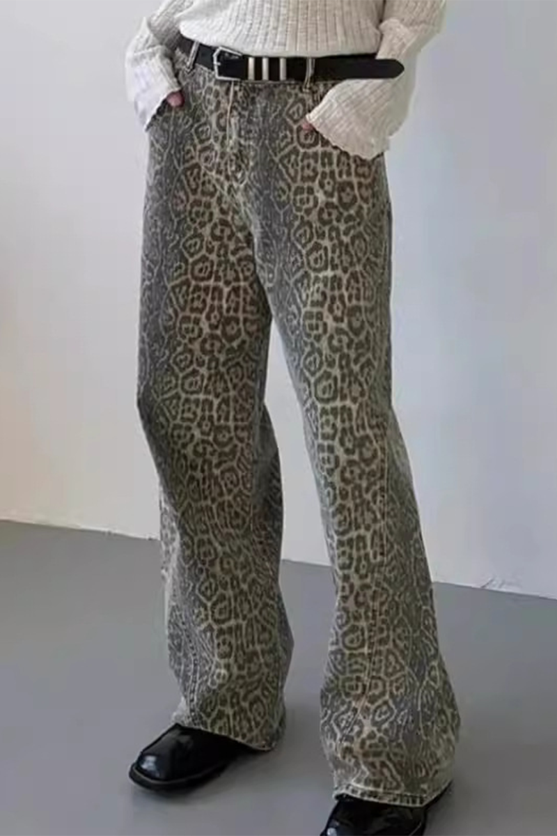 Lässige Street-Leoparden-Taschen-Patchwork-Hose mit lockerer, hoher Taille und geradem Volldruck (ohne Gürtel)