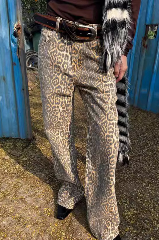 Lässige Street-Leoparden-Taschen-Patchwork-Hose mit lockerer, hoher Taille und geradem Volldruck (ohne Gürtel)