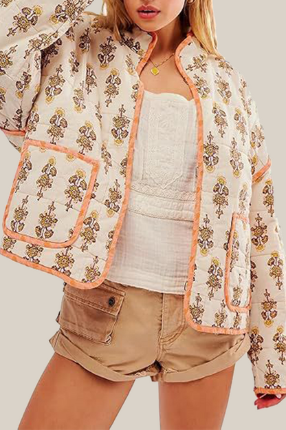 Casual Flowers Pocket Patchwork Contrast Mandarin Collar Outerwear(12 Colors)