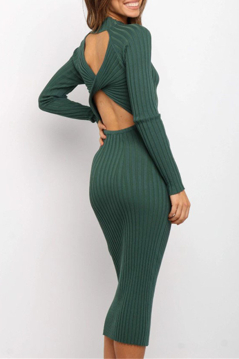 Sexy Daily Solid Color Backless Potholes O Neck Wrapped Skirt Dresses