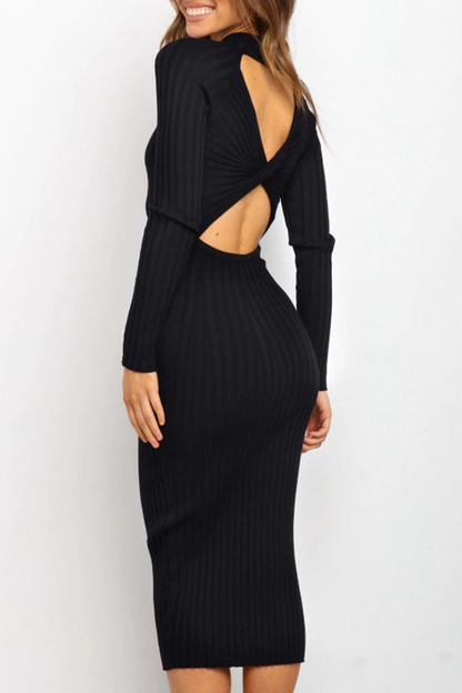 Sexy Daily Solid Color Backless Potholes O Neck Wrapped Skirt Dresses