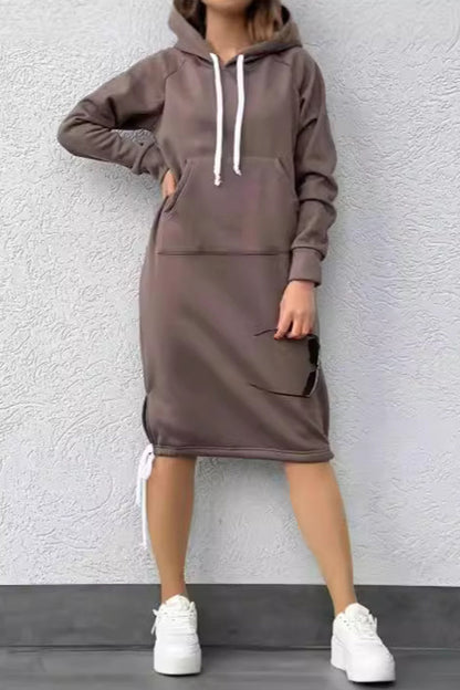 Casual Street Draw String Lace Up Hooded Long Sleeve Dresses(5 Colors)