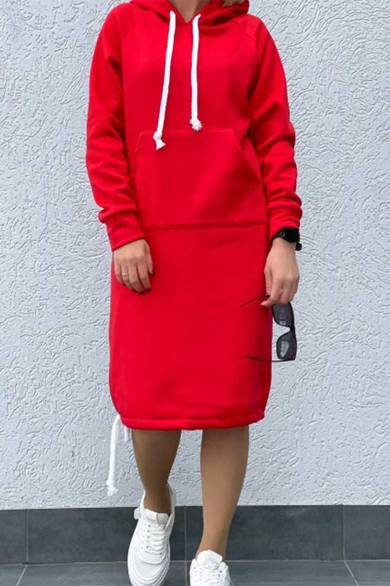 Casual Street Draw String Lace Up Hooded Long Sleeve Dresses(5 Colors)