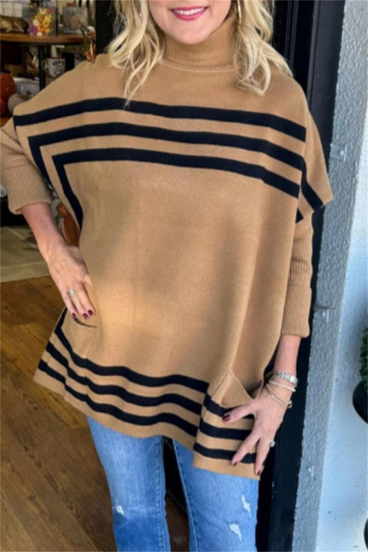 Lässiger Rollkragenpullover mit Streifen und Taschen (6 Farben)