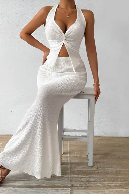 Sexy Lace Up Slit Ruched Halter Sleeveless Two Pieces