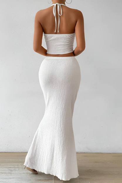 Sexy Lace Up Slit Ruched Halter Sleeveless Two Pieces