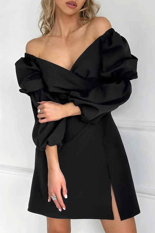 Robe sexy à jupe fendue et froncée à col en V de couleur unie