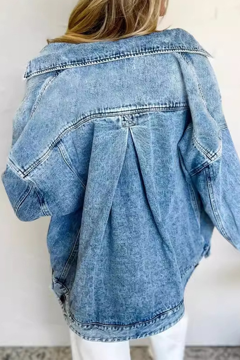 Veste en jean décontractée à manches longues et col rabattu avec boutons et patchwork