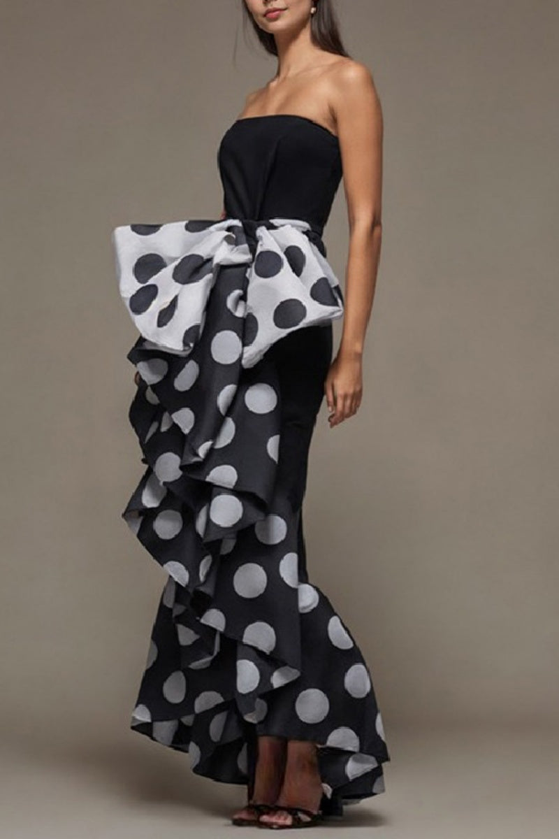 Sexy Formal Polka Dot Patchwork Backless Strapless Long Dresses