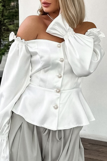 Sexy Solid Color Buttons Off Shoulder Blouses