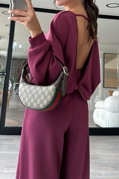 Casual Solid Color Pocket Backless O Neck Long Sleeve Two Pieces