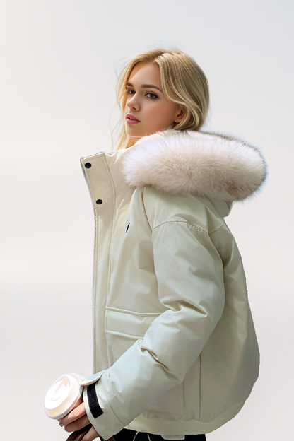 Manteau à capuche en coton blanc moelleux avec poche zippée et décontracté (4 couleurs)