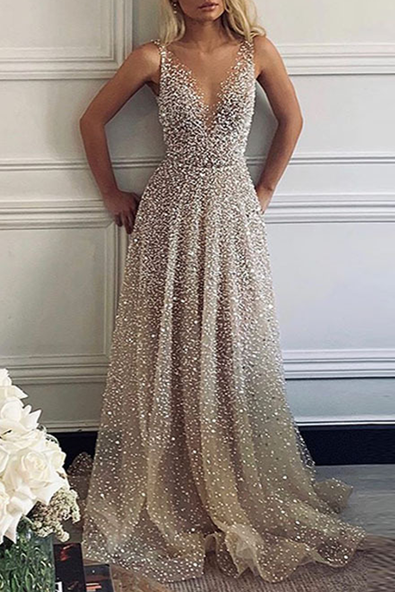 Sexy Gradient Sequined V Neck Evening Dresses