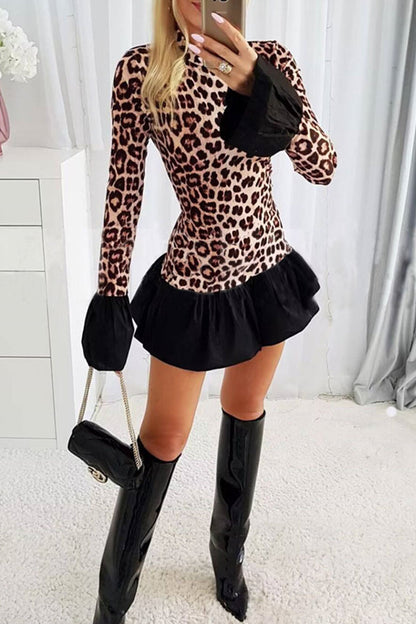 Sexy Leopard Patchwork Contrast Half A Turtleneck A Line Dresses