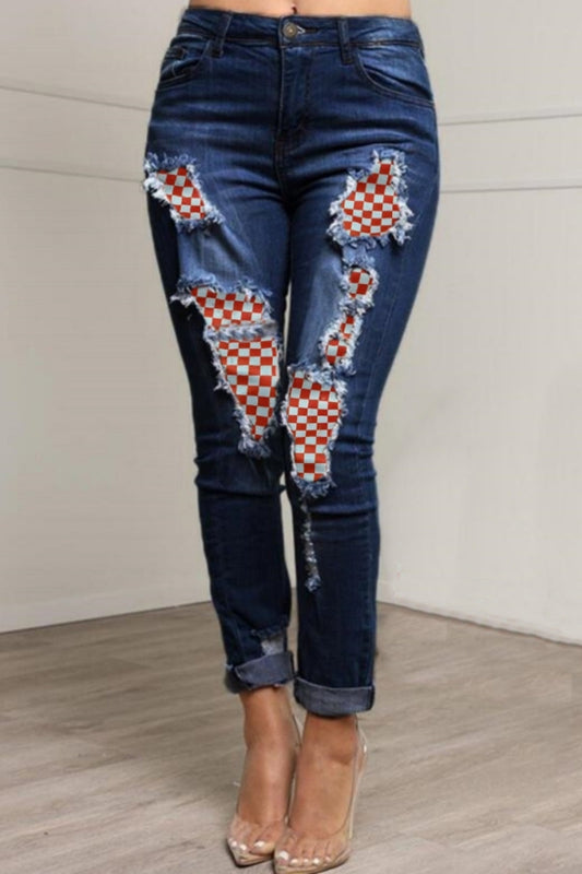 Jean en denim taille moyenne décontracté avec patch déchiré et patchwork