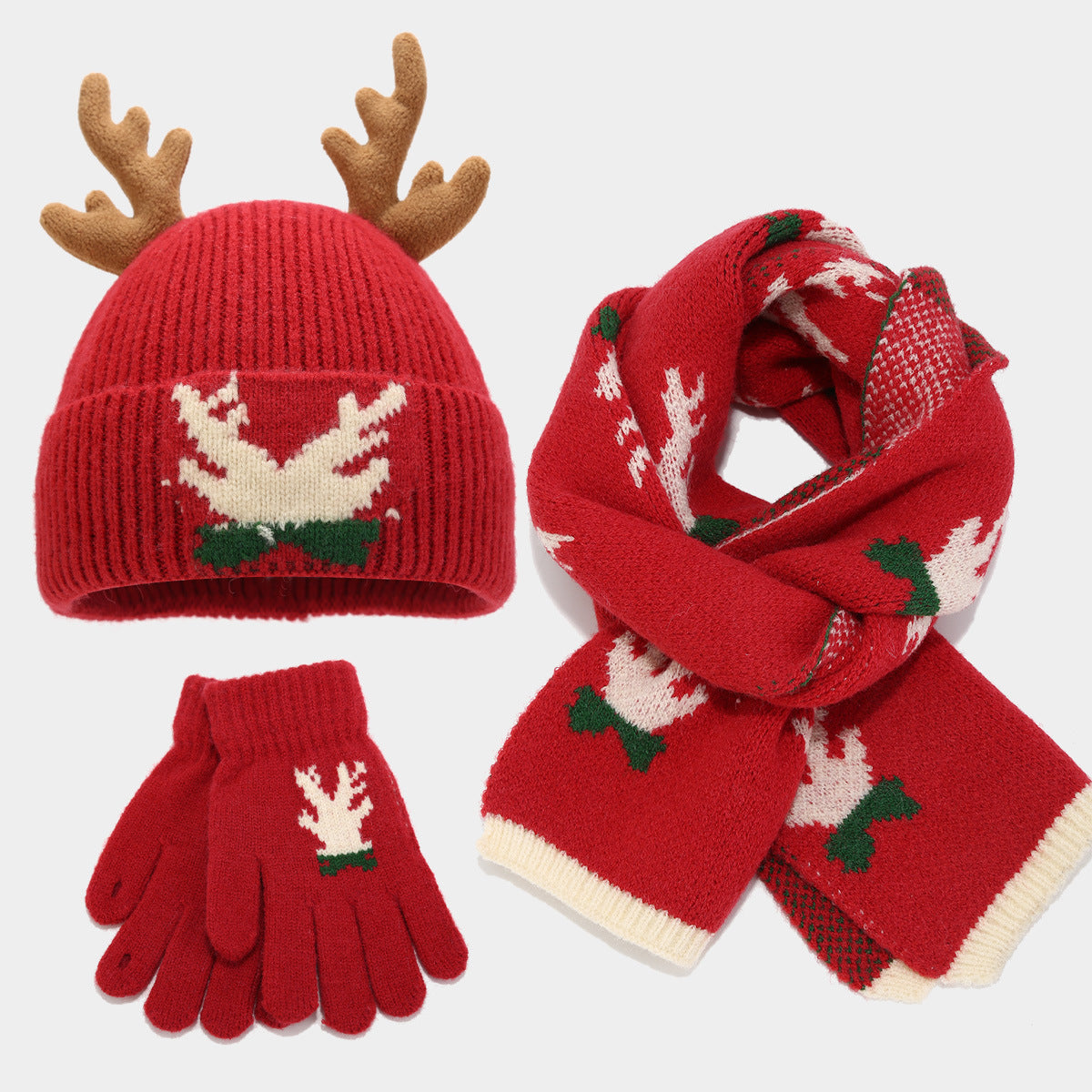 Ensemble de 3 pièces de gants, bonnet, écharpe et bois de renne de Noël (3 couleurs)