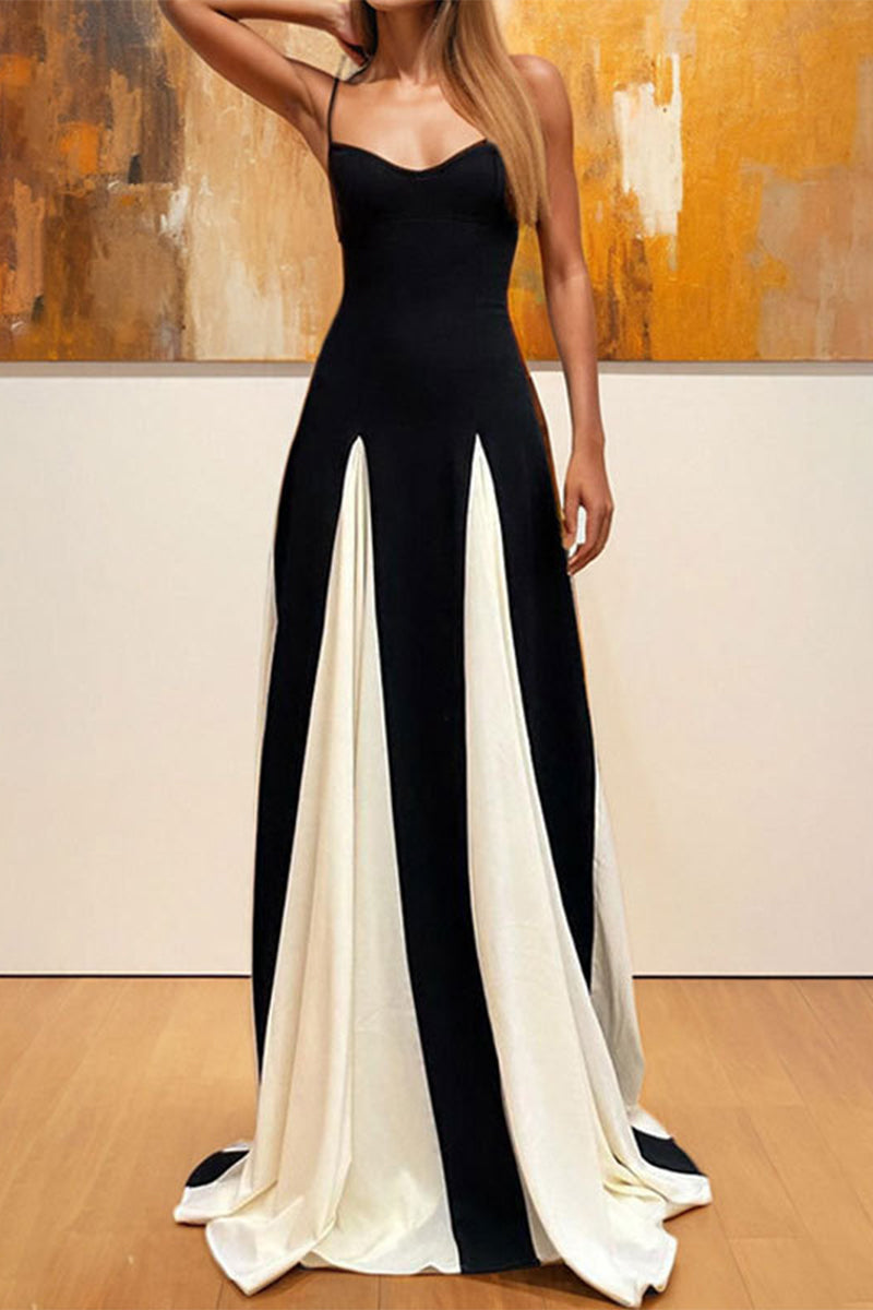 Sexy Colorblock Patchwork Backless Contrast V Neck Long Dresses