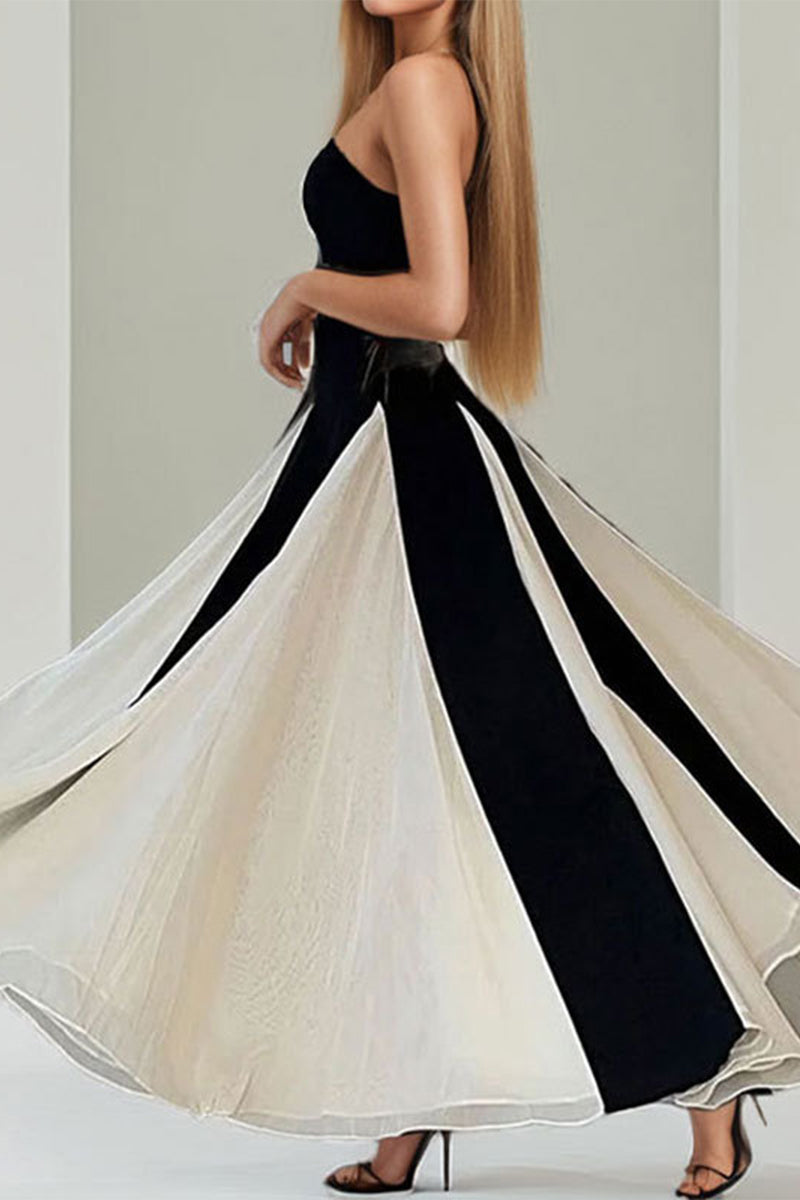 Sexy Patchwork Contrast Strapless Long Dresses