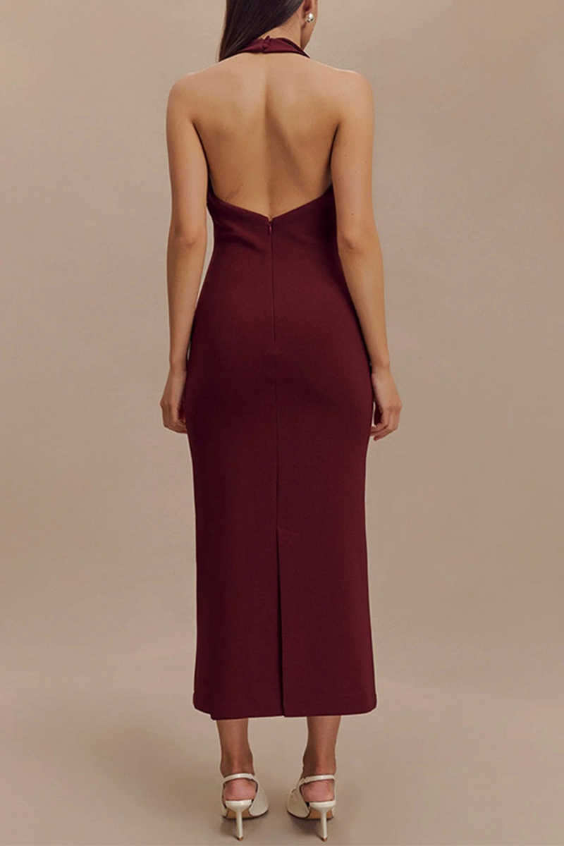 Sexy Solid Color Buckle Backless Turndown Collar One Step Skirt Dresses