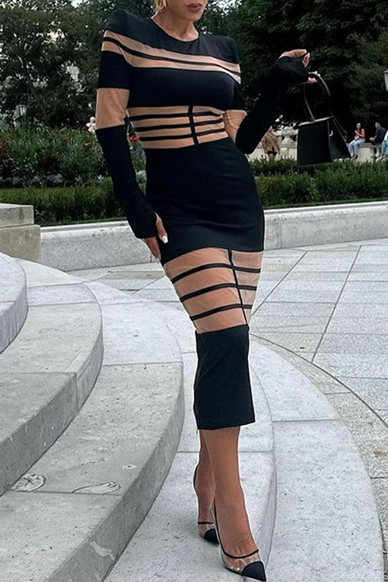 Sexy See-Through Mesh O Neck Long Sleeve Dresses(3 Colors)