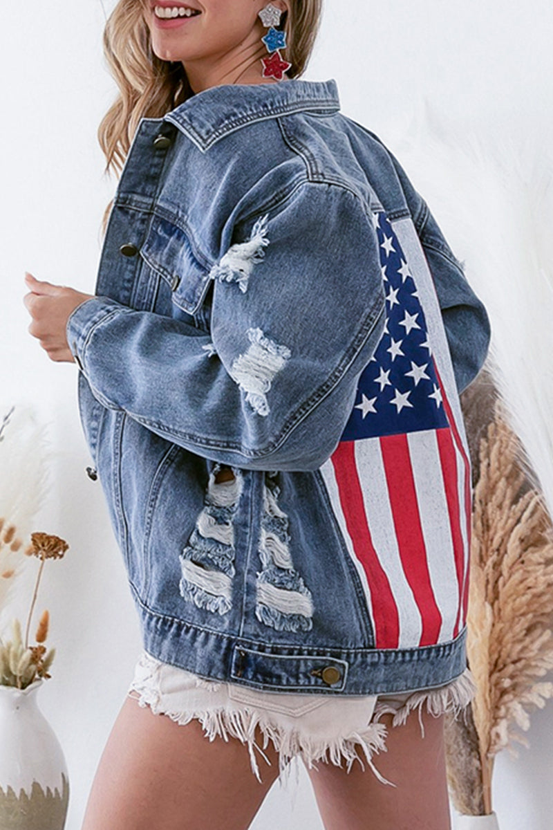 Casual Street Amerikanische Flagge Zerrissene Knöpfe Patchwork Umlegekragen Langarm Lose Jeansjacke