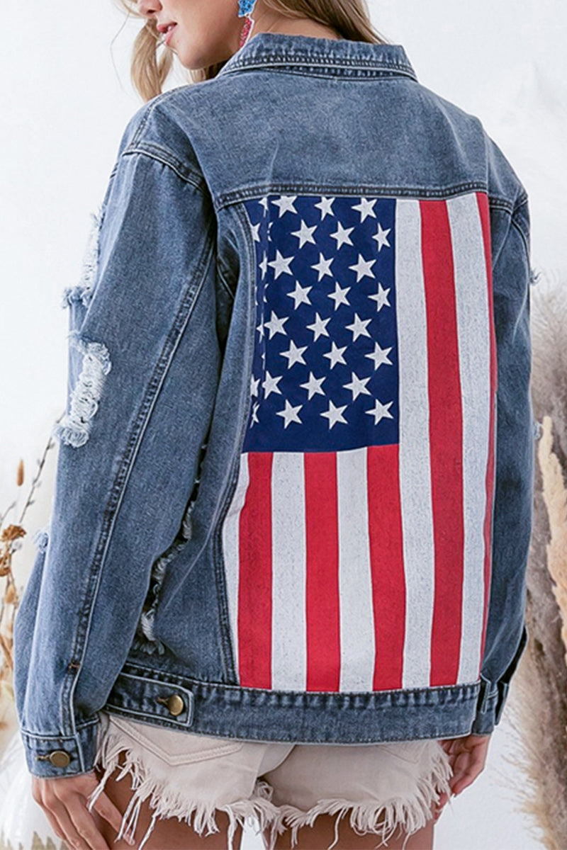 Casual Street Amerikanische Flagge Zerrissene Knöpfe Patchwork Umlegekragen Langarm Lose Jeansjacke