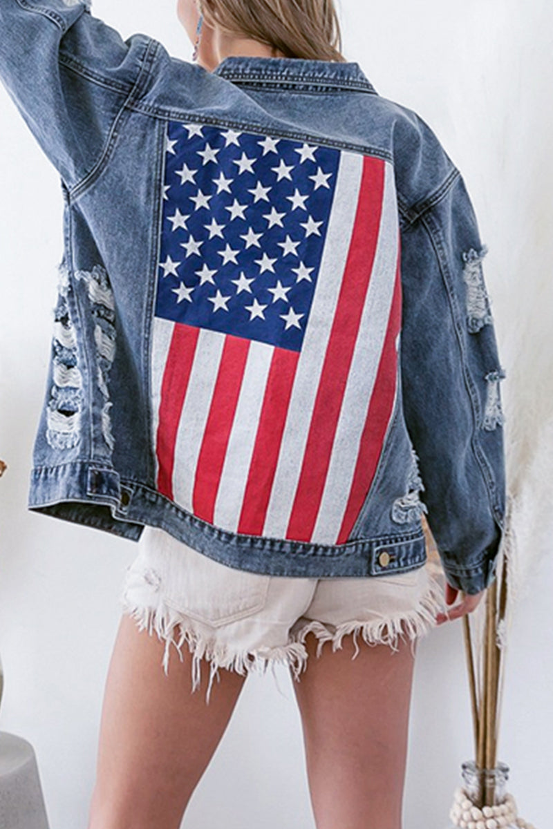 Casual Street Amerikanische Flagge Zerrissene Knöpfe Patchwork Umlegekragen Langarm Lose Jeansjacke