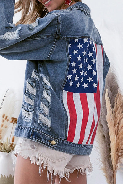 Casual Street Amerikanische Flagge Zerrissene Knöpfe Patchwork Umlegekragen Langarm Lose Jeansjacke