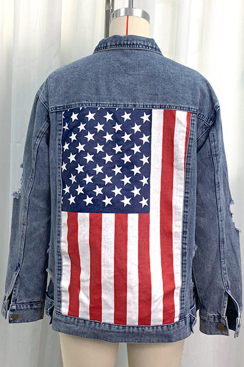 Casual Street Amerikanische Flagge Zerrissene Knöpfe Patchwork Umlegekragen Langarm Lose Jeansjacke