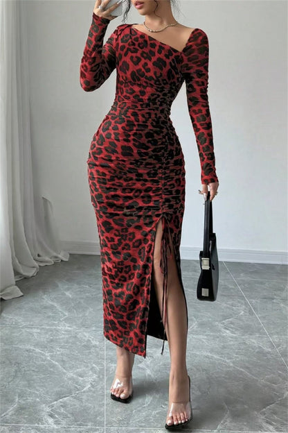 Sexy, lässiges Kleid mit Leopardenmuster, Kordelzug, Schnürung, Schlitz, schrägem Kragen und langen Ärmeln (3 Farben)