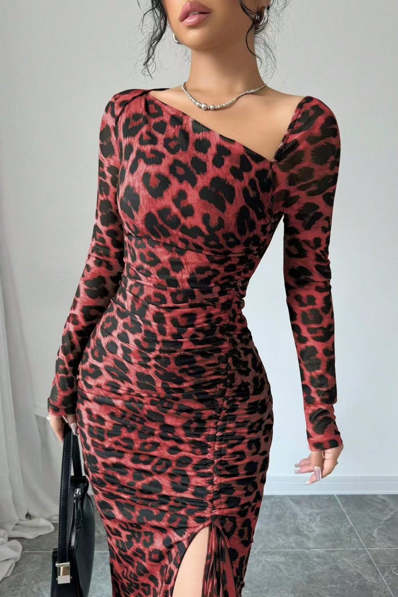 Sexy, lässiges Kleid mit Leopardenmuster, Kordelzug, Schnürung, Schlitz, schrägem Kragen und langen Ärmeln (3 Farben)